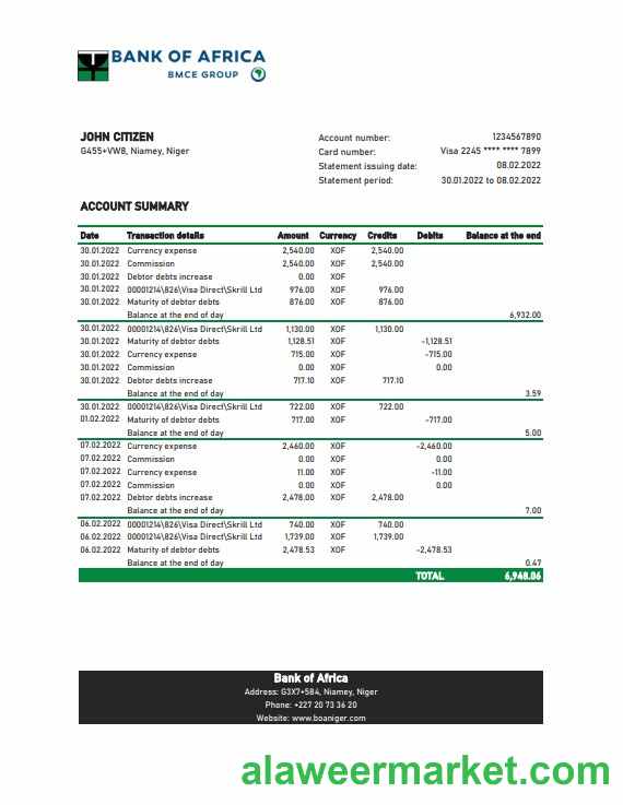 Niger Bank of Africa bank statement Excel and PDF template